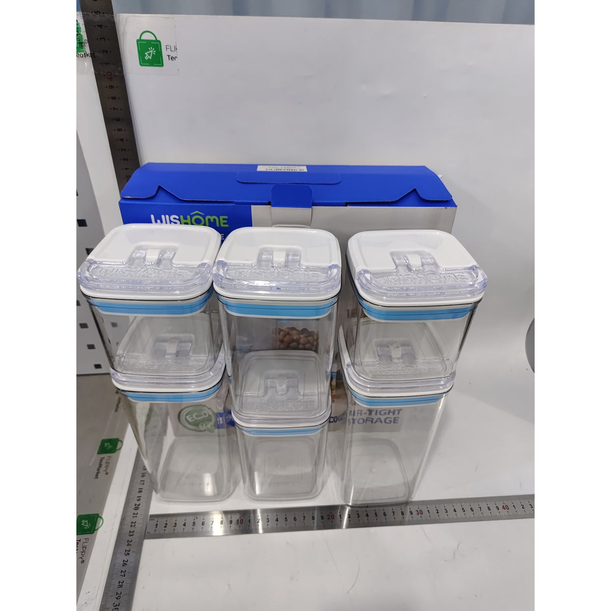 Set 6 Recipiente Depozitare Alimente si Cereale, Containere Organizare Bucatarie cu Capac Etans, Plastic Transparent, 2 x 0.5 L, 2 x 0.8 L, 2 x 1.2 L, Albastru-Alb