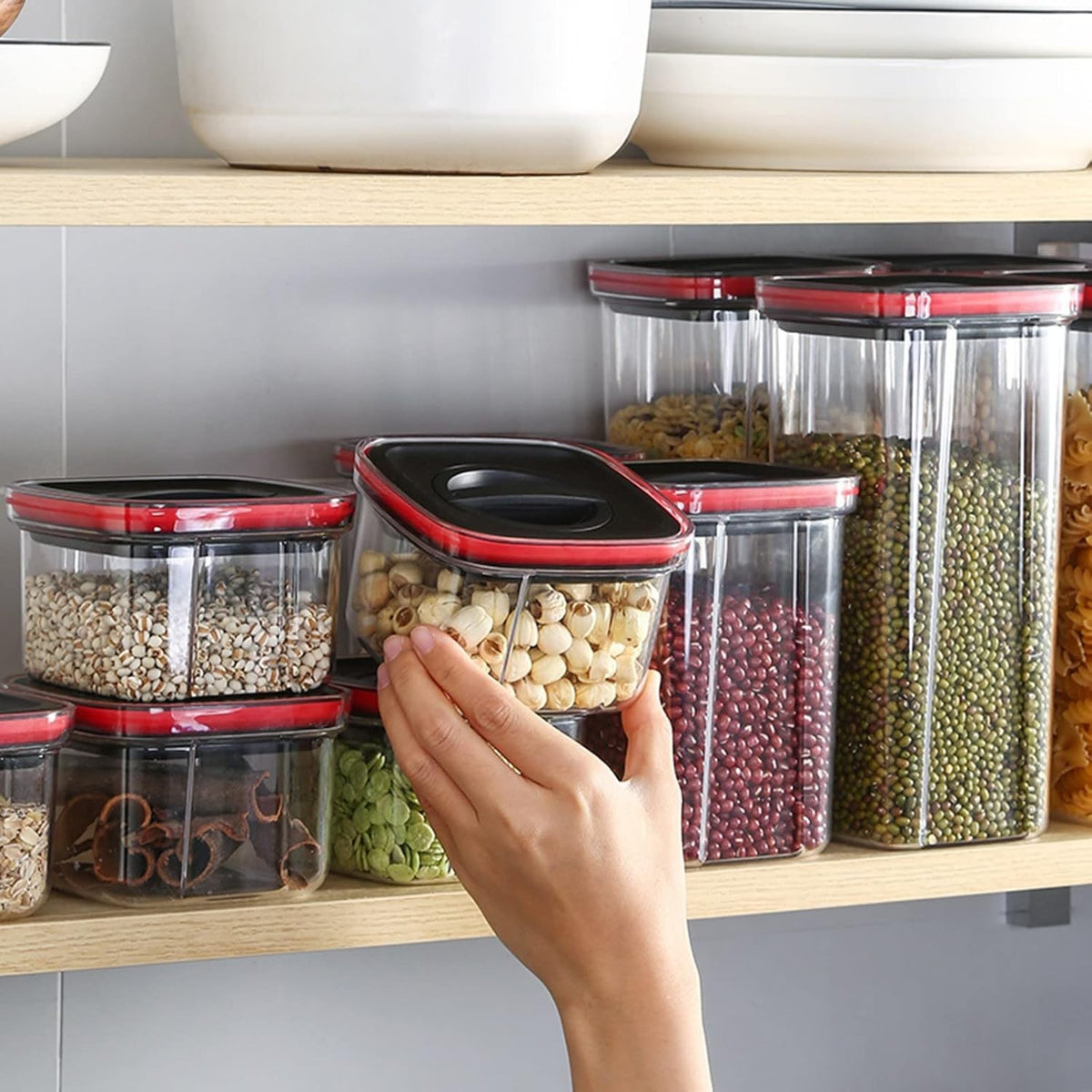 Set 5 Recipiente Depozitare Alimente si Cereale, Containere Etanse cu Capac Flip, Plastic Transparent cu Garnitura Silicon, Stivuibile pentru Camara, Negru, 5 Piese