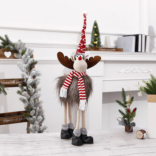 Decoratiune de Craciun Tip Ren, Figurina Textila cu Palarie si Fular, Decoratiune Festiva Interior, Inaltime 70 cm, Gri si Rosu