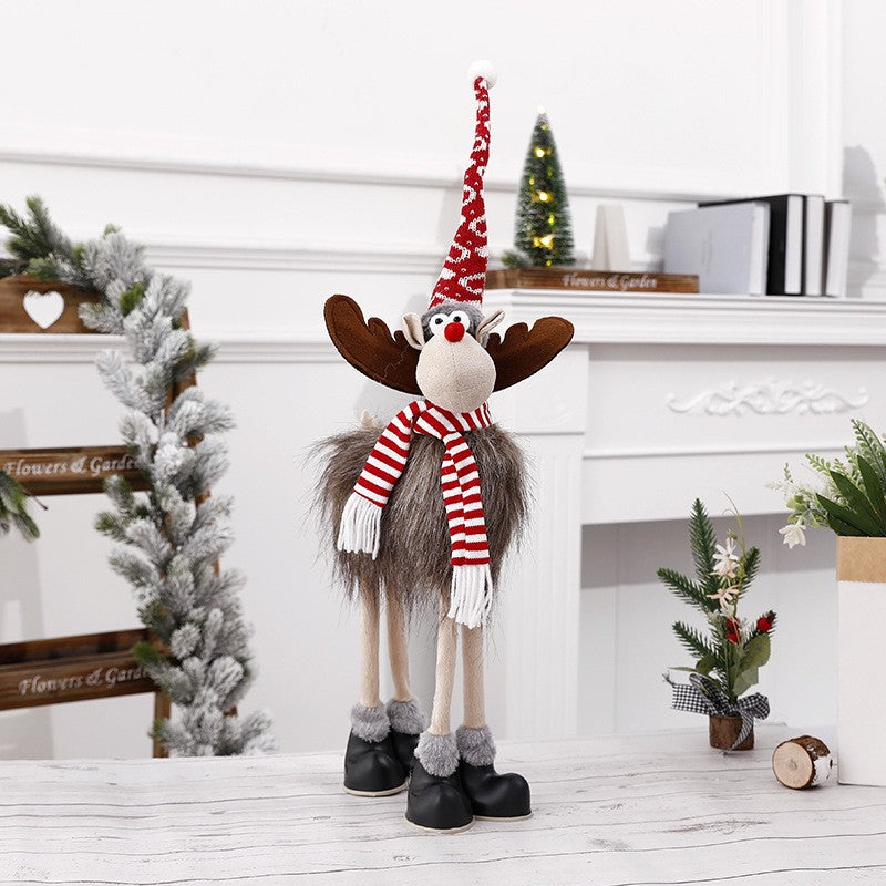 Decoratiune de Craciun Tip Ren, Figurina Textila cu Palarie si Fular, Decoratiune Festiva Interior, Inaltime 70 cm, Gri si Rosu