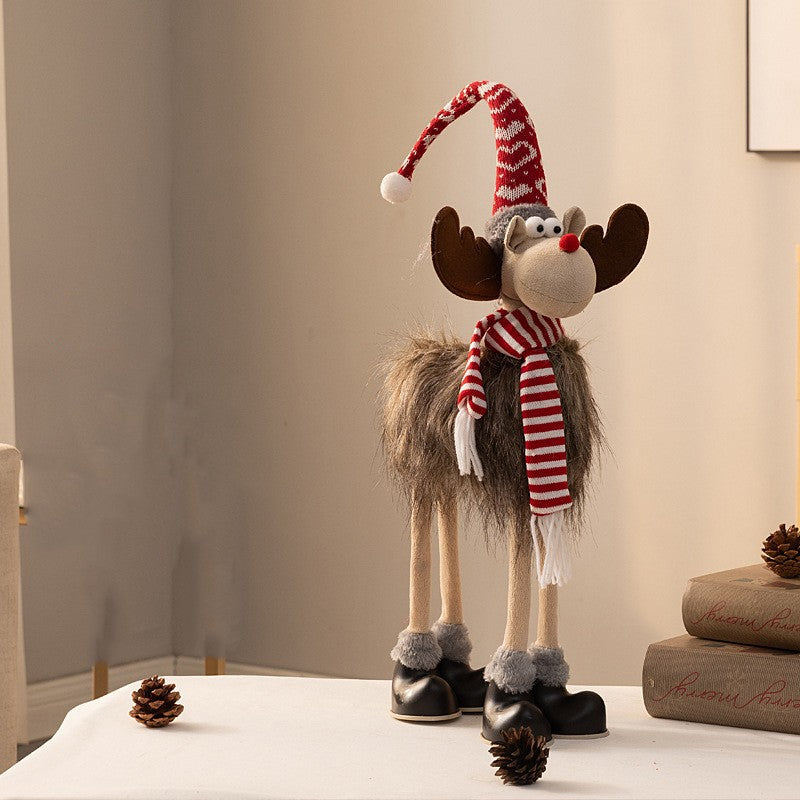 Decoratiune de Craciun Tip Ren, Figurina Textila cu Palarie si Fular, Decoratiune Festiva Interior, Inaltime 70 cm, Gri si Rosu