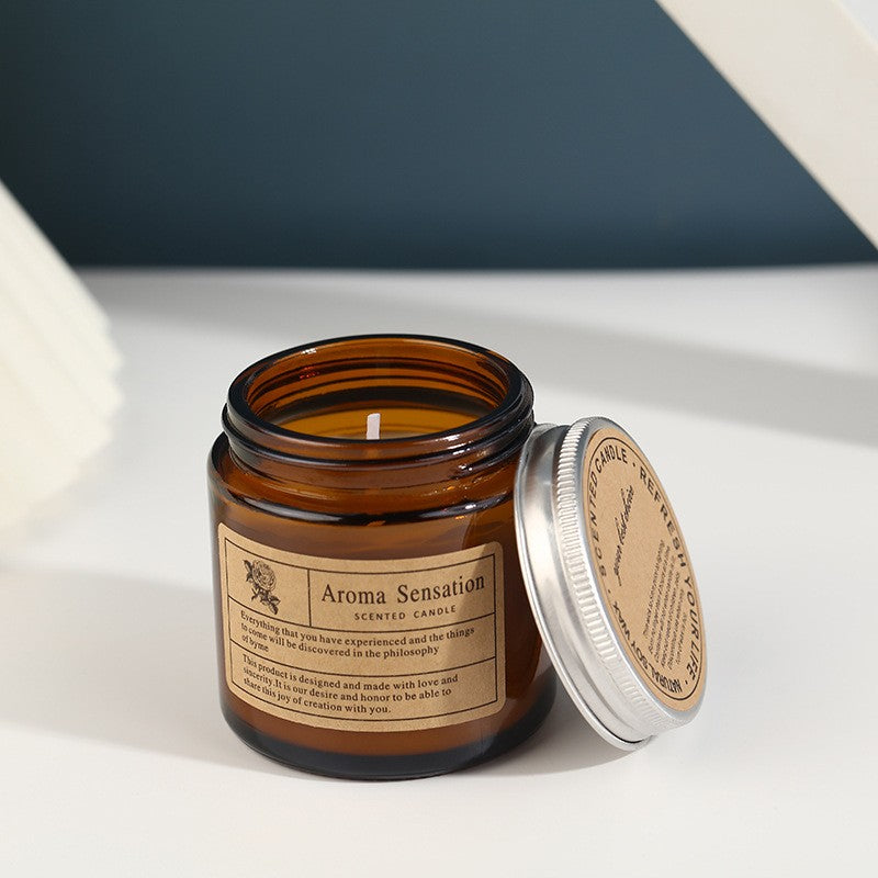 Lumanare Parfumata Cu Aroma De Frezie Si Pere, Ceara Vegetala Si Uleiuri Esentiale, Borcan Din Sticla Maro, 80 ml, 6 x 6.5 cm