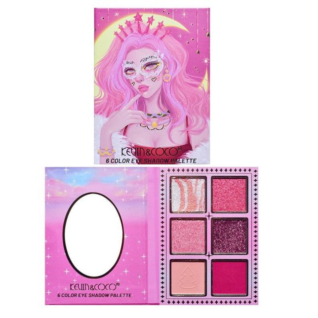 Paleta de Machiaj Kevin & Coco Pink Barbie Girl, Fard de Pleoape Intens Pigmentat, Finisaj Mat si Sidefat cu Glitter, Model Quin, 6 Culori, 72.4 g