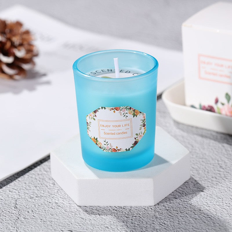 Lumânare Parfumată Pentru Aromaterapie, Aromă Lime și Busuioc, Ceară de Soia 100% Naturală, Model Pahar Cilindric, 6.2 x 5.2 cm, Albastru