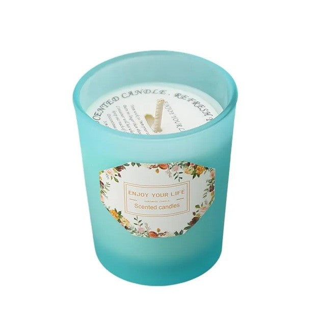 Lumânare Parfumată Pentru Aromaterapie, Aromă Lime și Busuioc, Ceară de Soia 100% Naturală, Model Pahar Cilindric, 6.2 x 5.2 cm, Albastru