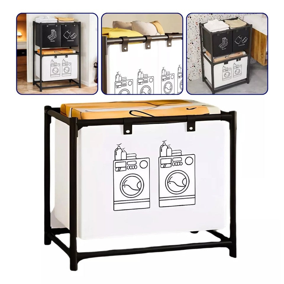 Cos de Rufe cu Raft si 1 Cos, Organizator pentru Baie sau Dormitor, Cadru Otel Inoxidabil si Material Netesut, 97 x 44 x 57 cm, Negru
