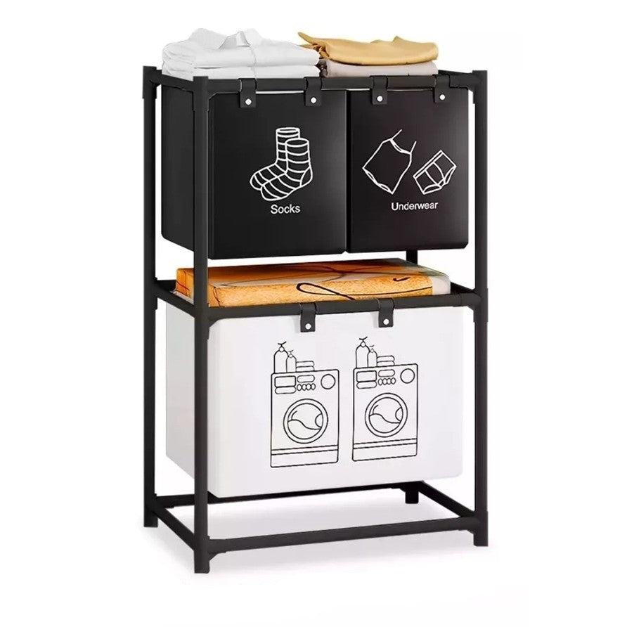 Cos de Rufe cu 2 Rafturi si 3 Sertare, Organizator Rufe cu Cadru din Otel Inoxidabil, Rezistent la Coroziune, Negru, 97x28x57 cm
