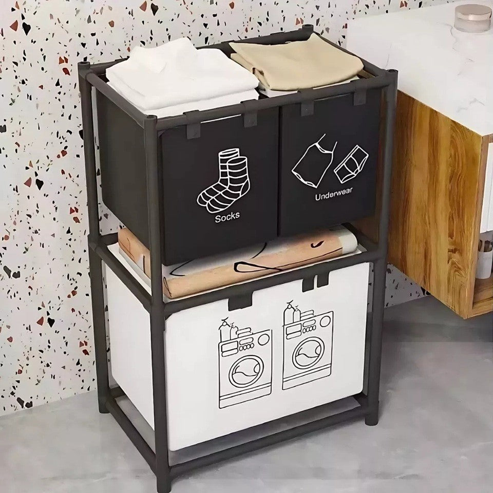 Cos de Rufe cu 2 Rafturi si 3 Sertare, Organizator Rufe cu Cadru din Otel Inoxidabil, Rezistent la Coroziune, Negru, 97x28x57 cm
