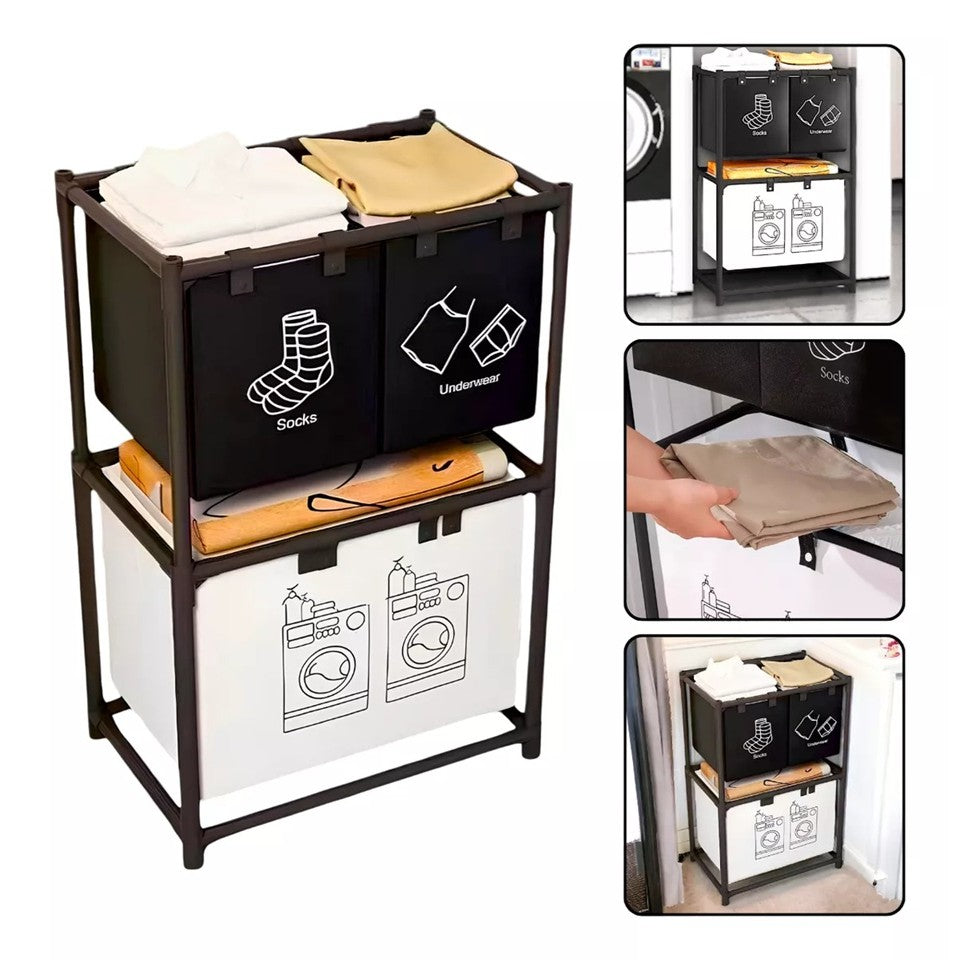 Cos de Rufe cu 2 Rafturi si 3 Sertare, Organizator Rufe cu Cadru din Otel Inoxidabil, Rezistent la Coroziune, Negru, 97x28x57 cm