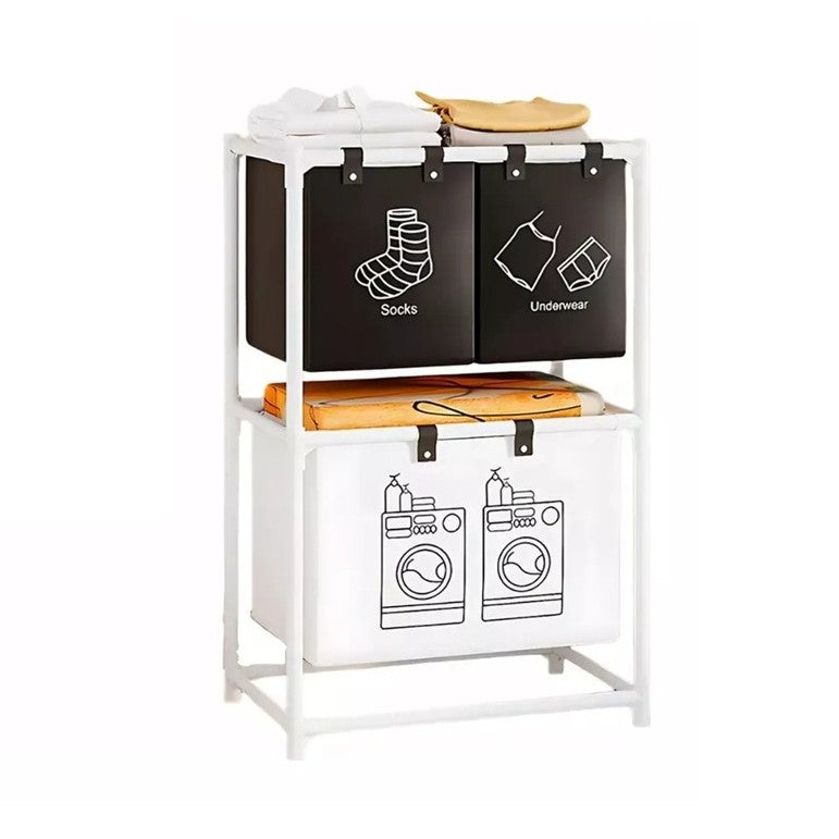 Cos de Rufe cu 2 Rafturi si 3 Cosuri Depozitare, Organizator Haine Murdare, Cadru Otel Inoxidabil si Material Netesut, 97x28x57 cm, Alb