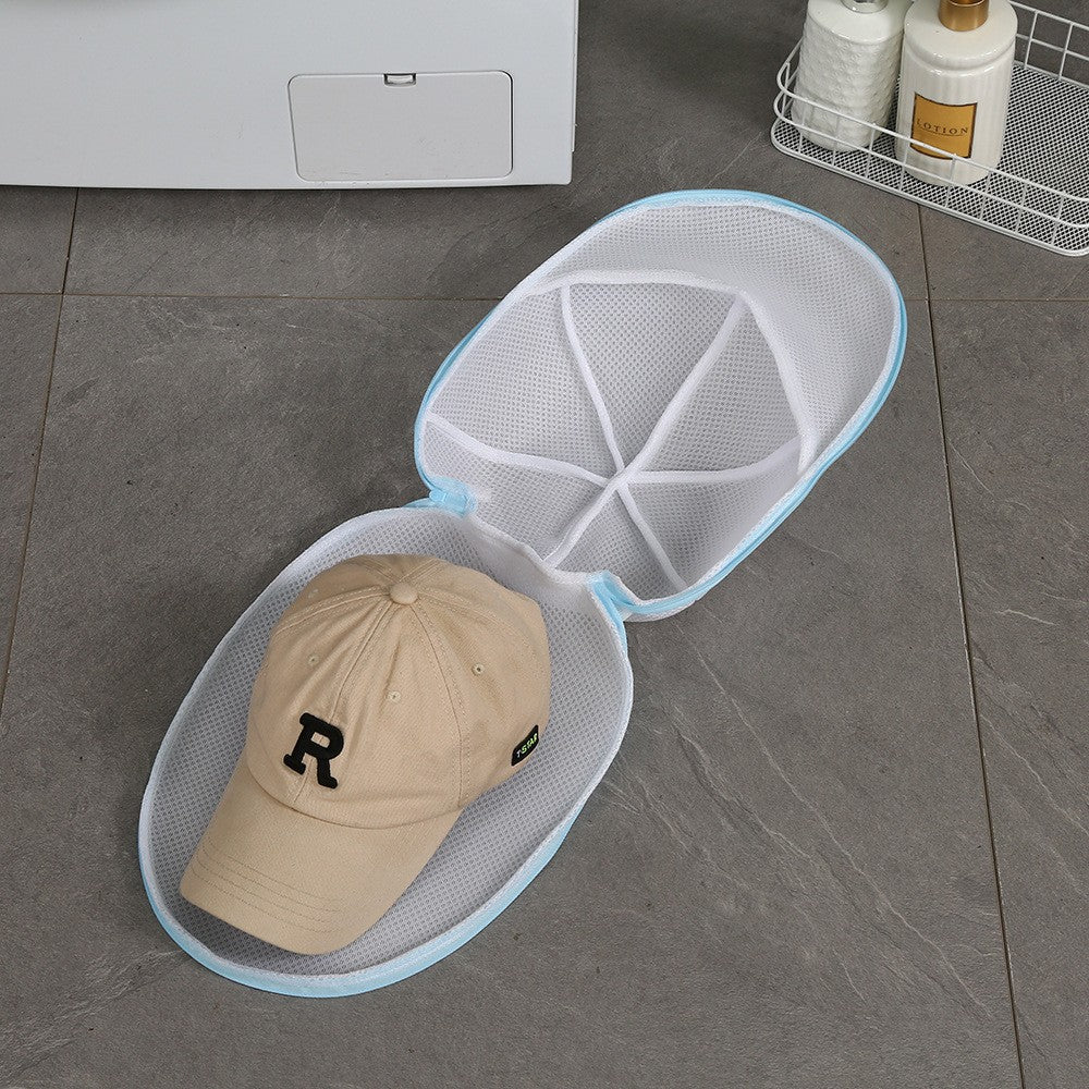 Husă de Spălare pentru Șapcă, Protecție împotriva Deformării cu Suport Inclus, Poliester cu Fermoar, 25 x 34 cm, Circumferință 53 cm, Alb/Albastru