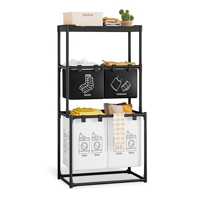 Cos de Rufe si Organizator Haine, 3 Rafturi cu 4 Cosuri Depozitare, Cadru Otel Inoxidabil si Plastic PP, 123x44x57 cm, Negru