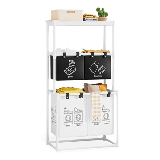 Cos de Rufe, Organizator pentru Baie cu 3 Rafturi si 4 Cosuri Detasabile, Cadru din Otel Inoxidabil si Plastic, 123x28x57 cm, Alb