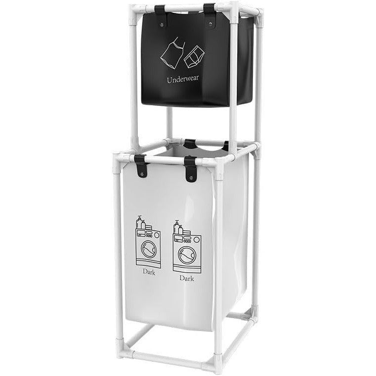 Cos de Rufe cu 2 Etaje si 2 Cosuri Detasabile, Organizator Haine Murdare, Cadru Otel Inoxidabil si Plastic PP, 97x44x31 cm, Alb