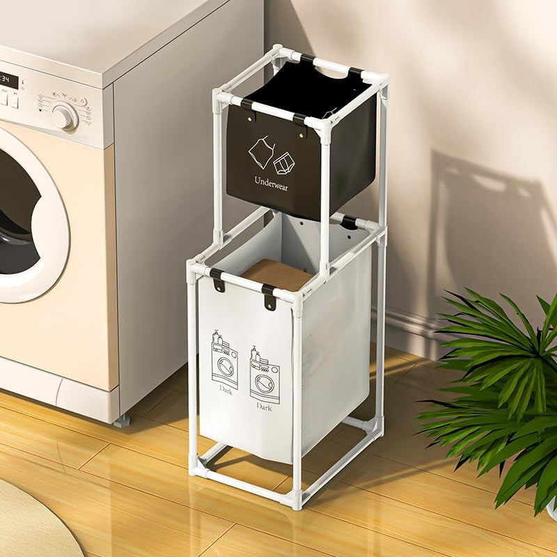 Cos de Rufe cu 2 Etaje si 2 Cosuri Detasabile, Organizator Haine Murdare, Cadru Otel Inoxidabil si Plastic PP, 97x44x31 cm, Alb