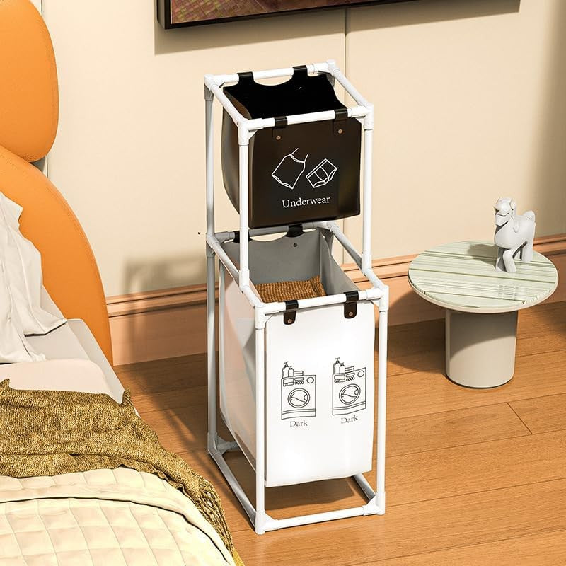 Cos de Rufe cu 2 Etaje si 2 Cosuri Detasabile, Organizator Haine Murdare, Cadru Otel Inoxidabil si Plastic PP, 97x44x31 cm, Alb