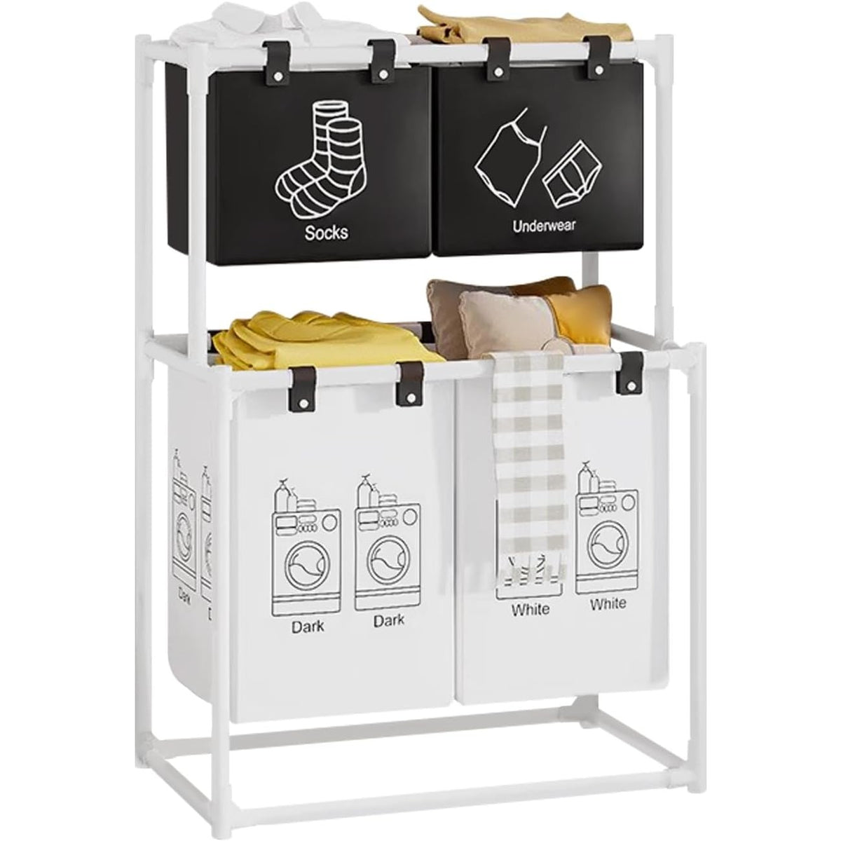 Cos de Rufe cu 2 Etaje si 4 Cosuri Detasabile, Organizator Haine Murdare, Cadru Otel Inoxidabil si Material Netesut, 97x44x57 cm, Alb