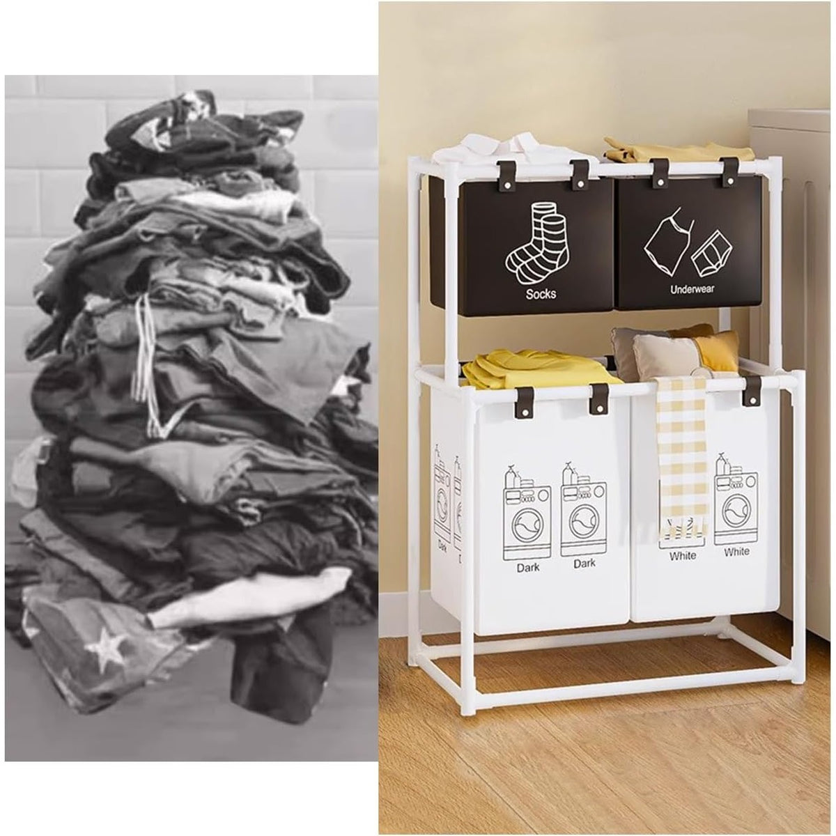 Cos de Rufe cu 2 Etaje si 4 Cosuri Detasabile, Organizator Haine Murdare, Cadru Otel Inoxidabil si Material Netesut, 97x44x57 cm, Alb