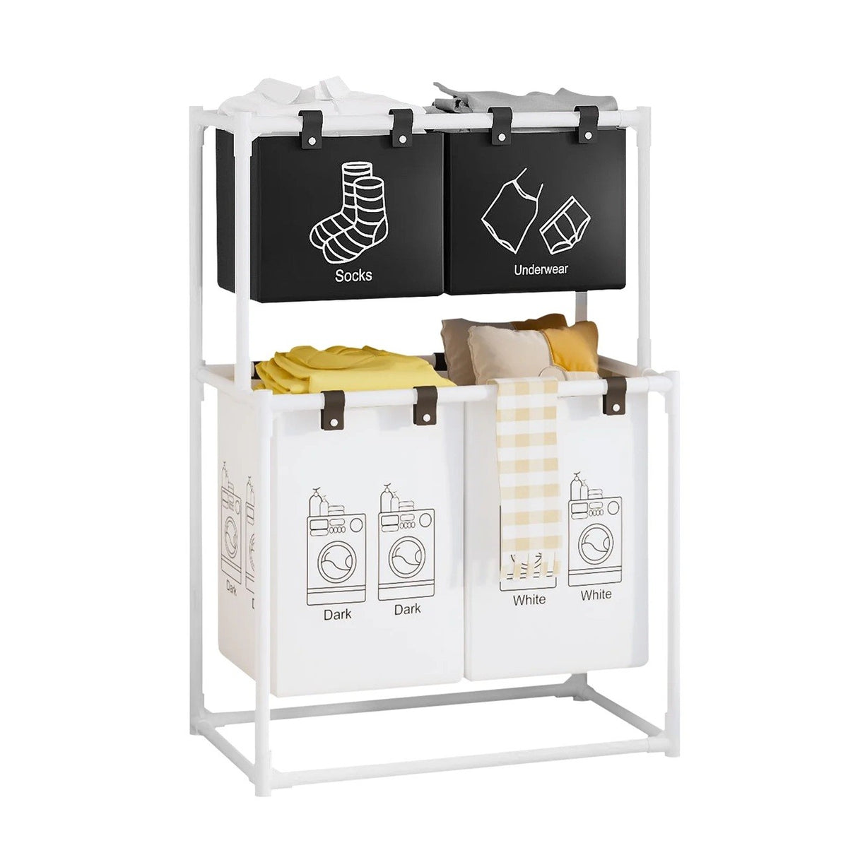 Cos de Rufe cu 2 Etaje si 4 Cosuri Detasabile, Organizator Haine Murdare, Cadru Otel Inoxidabil si Material Netesut, 97x44x57 cm, Alb