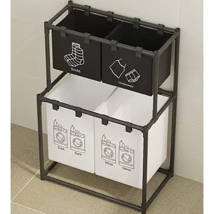 Cos de Rufe cu 2 Etaje, Organizator Haine Murdare cu 4 Cosuri, Cadru din Otel Inoxidabil si Plastic, 97x44x57 cm, Negru