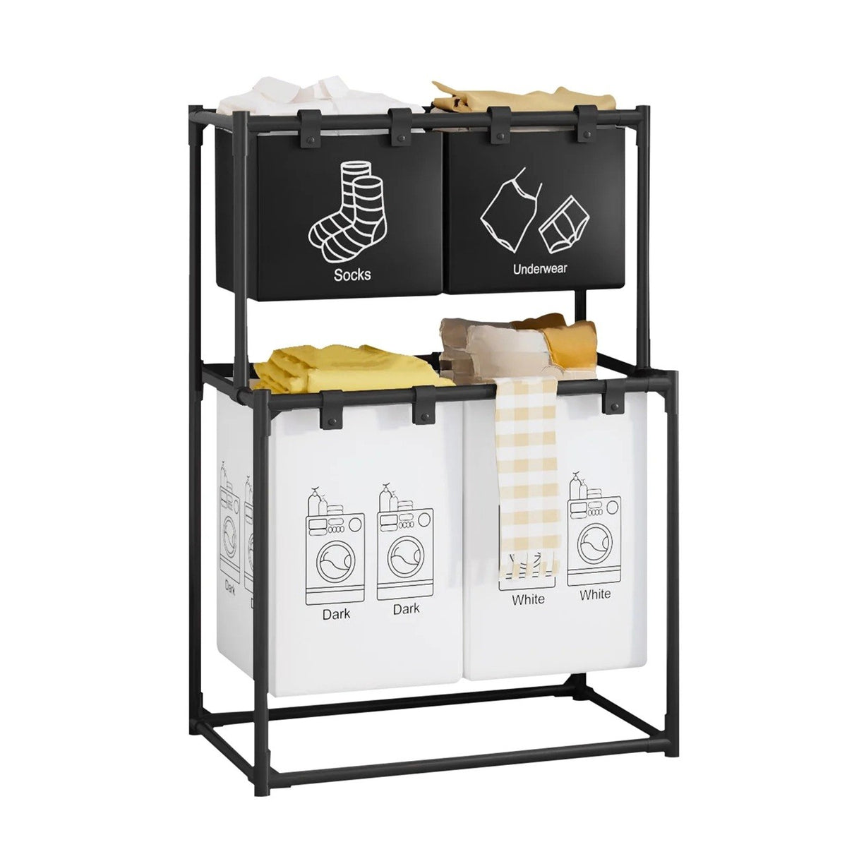Cos de Rufe cu 2 Etaje, Organizator Haine Murdare cu 4 Cosuri, Cadru din Otel Inoxidabil si Plastic, 97x44x57 cm, Negru