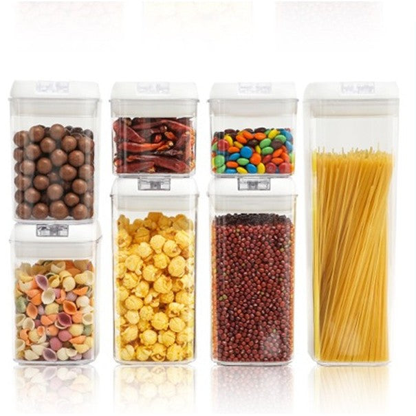 Set 7 Recipiente Depozitare Alimente, Inchidere Ermetica si Design Stivuibil, Plastic Transparent, Capace Albe, 0.5L - 1.9L