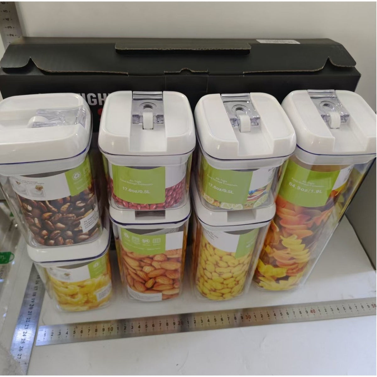 Set 7 Recipiente Depozitare Alimente, Inchidere Ermetica si Design Stivuibil, Plastic Transparent, Capace Albe, 0.5L - 1.9L