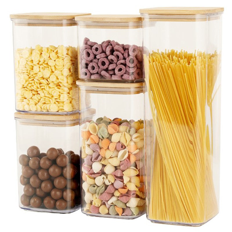 Set 6 Recipiente Depozitare Alimente si Cereale, Containere Hermetice Etanșe, Plastic Transparent, Capac din Lemn de Bambus, 1x 0.5l, 2x 0.8l, 2x 1.2l, 1x 1.9l