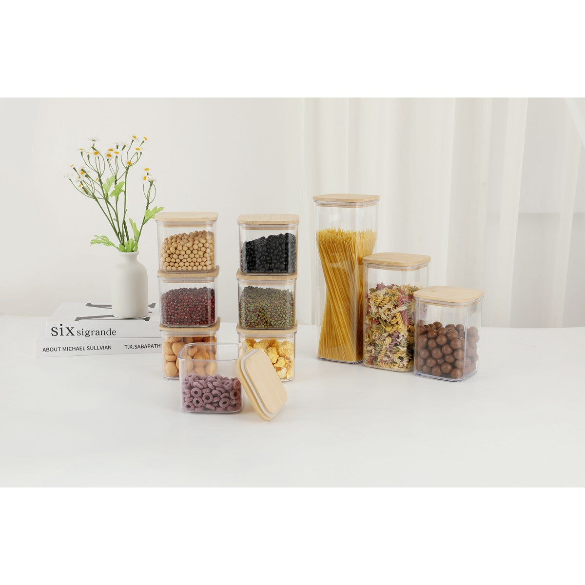 Set 6 Recipiente Depozitare Alimente si Cereale, Containere Hermetice Etanșe, Plastic Transparent, Capac din Lemn de Bambus, 1x 0.5l, 2x 0.8l, 2x 1.2l, 1x 1.9l