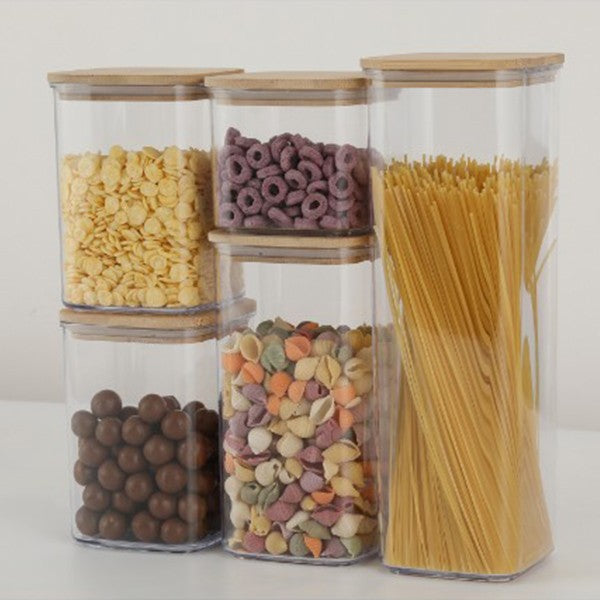 Set 6 Recipiente Depozitare Alimente si Cereale, Containere Hermetice Etanșe, Plastic Transparent, Capac din Lemn de Bambus, 1x 0.5l, 2x 0.8l, 2x 1.2l, 1x 1.9l
