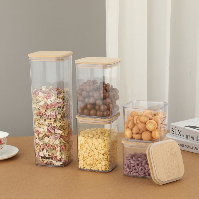 Set 6 Recipiente Depozitare Alimente si Cereale, Containere Hermetice Etanșe, Plastic Transparent, Capac din Lemn de Bambus, 1x 0.5l, 2x 0.8l, 2x 1.2l, 1x 1.9l