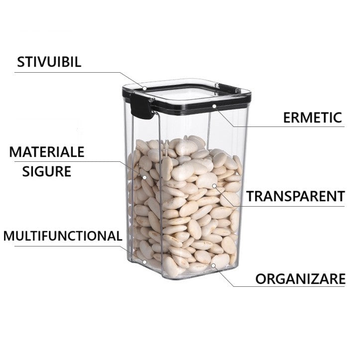 Recipient Depozitare Alimente, Inchidere Ermetica, Plastic de Calitate Alimentara, 1300 ml, 10.2 x 18.5 cm, Transparent
