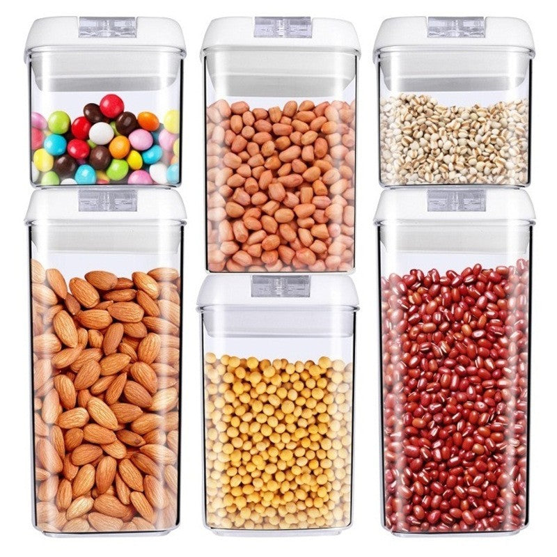 Set 6 Recipiente pentru Depozitare Alimente, Inchidere Ermetica si Design Stivuibil, Plastic Transparent, Capace Albe, 2 x 0.5L, 2 x 0.8L, 2 x 1.2L