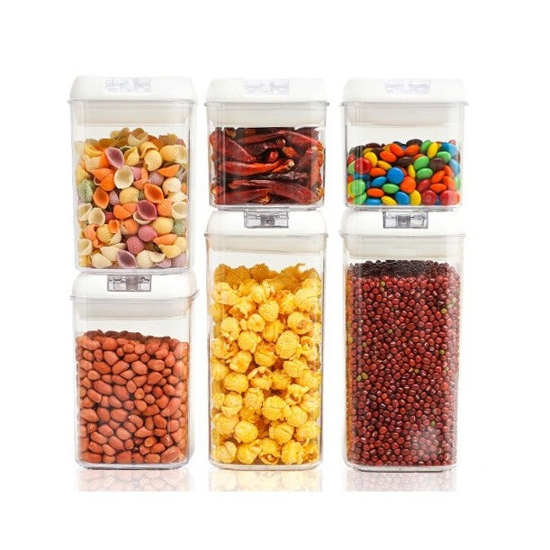 Set 6 Recipiente pentru Depozitare Alimente, Inchidere Ermetica si Design Stivuibil, Plastic Transparent, Capace Albe, 2 x 0.5L, 2 x 0.8L, 2 x 1.2L