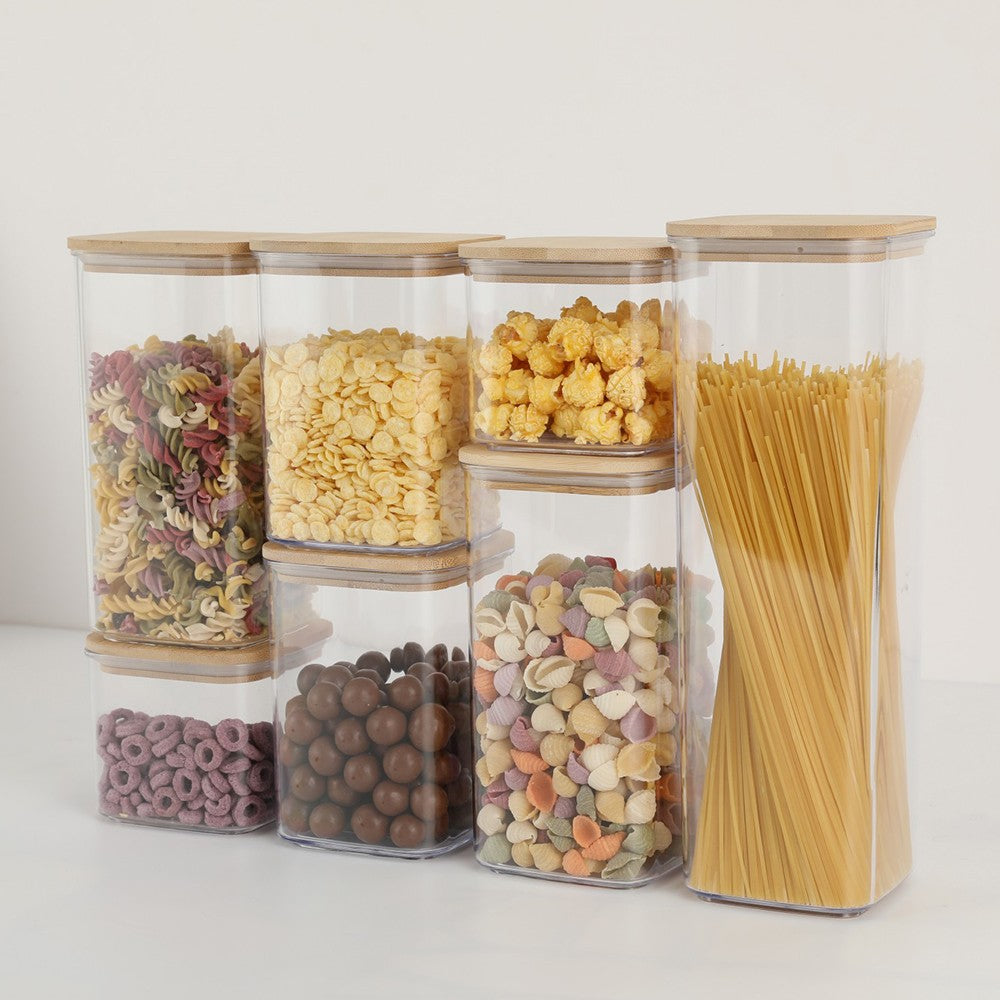 Set 7 Cutii Depozitare Alimente si Cereale, Recipiente Transparente din Plastic cu Capac din Bambus, Inchidere Ermetica, 2x0.5L, 2x0.8L, 2x1.2L, 1x2.5L
