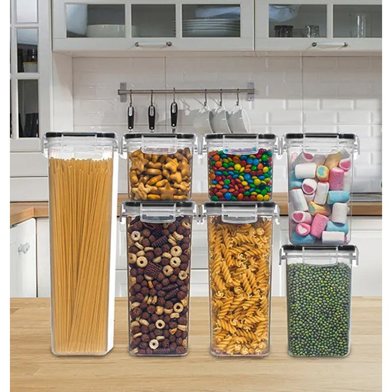 Set 7 Cutii Depozitare Alimente, Organizatoare Bucatarie pentru Condimente si Cereale, Inchidere Ermetica, Plastic PP Fara BPA, Transparent, Diverse Dimensiuni