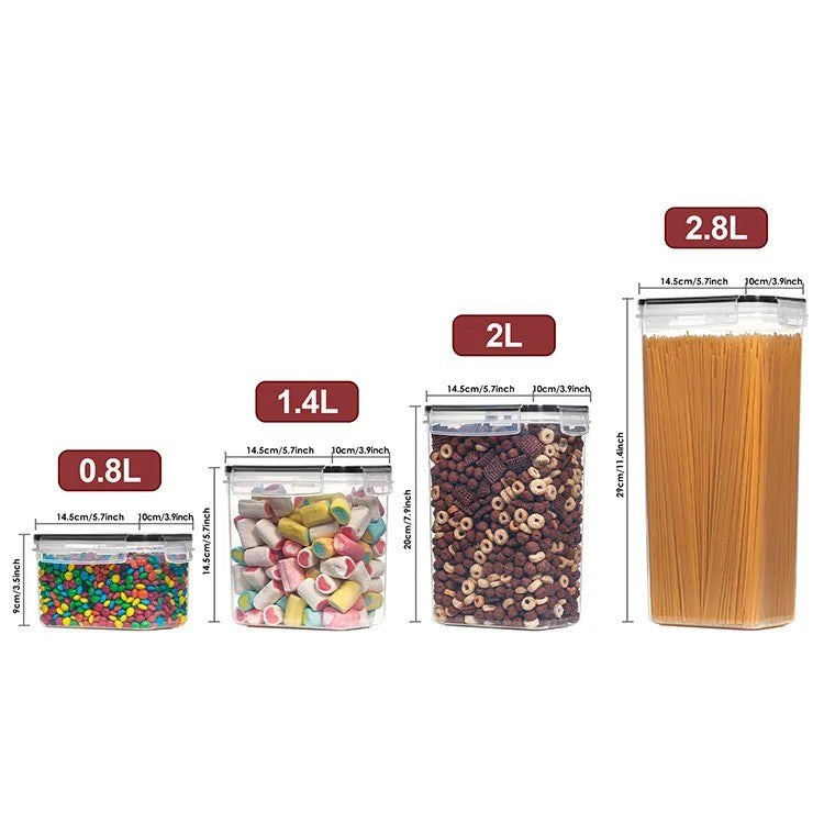 Set 7 Cutii Depozitare Alimente, Organizatoare Bucatarie pentru Condimente si Cereale, Inchidere Ermetica, Plastic PP Fara BPA, Transparent, Diverse Dimensiuni