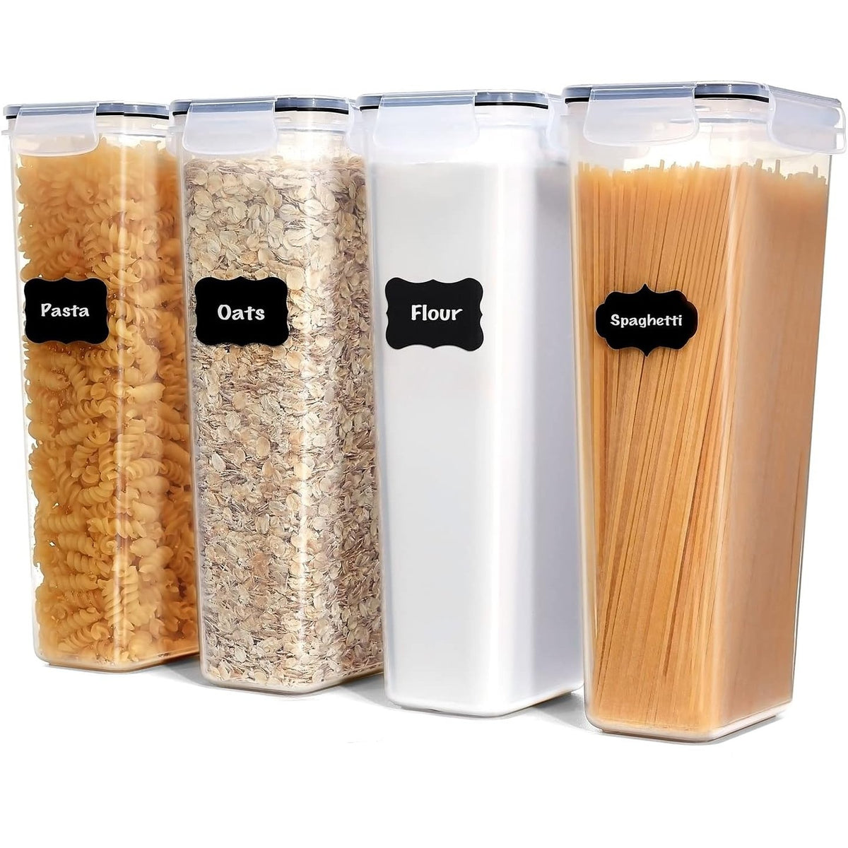 Set 4 Recipiente Depozitare Alimente, Inchidere Ermetica si Design Stivuibil, Plastic PP fara BPA, 4 x 2.8 L, Transparent cu Garnitura Neagra