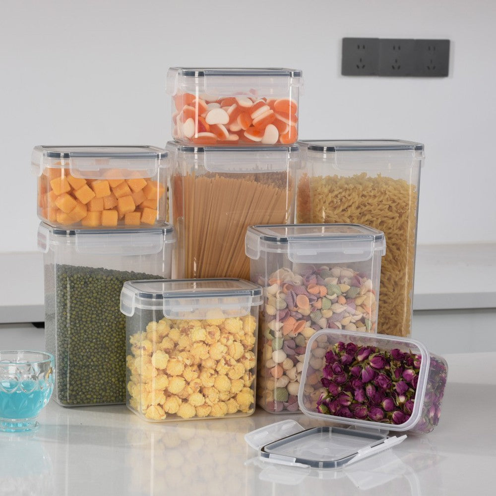 Set 8 Cutii Depozitare Alimente pentru Bucatarie si Condimente, Recipiente Etanse pentru Cereale, Plastic PP fara BPA, Dimensiuni Mixte, Transparent
