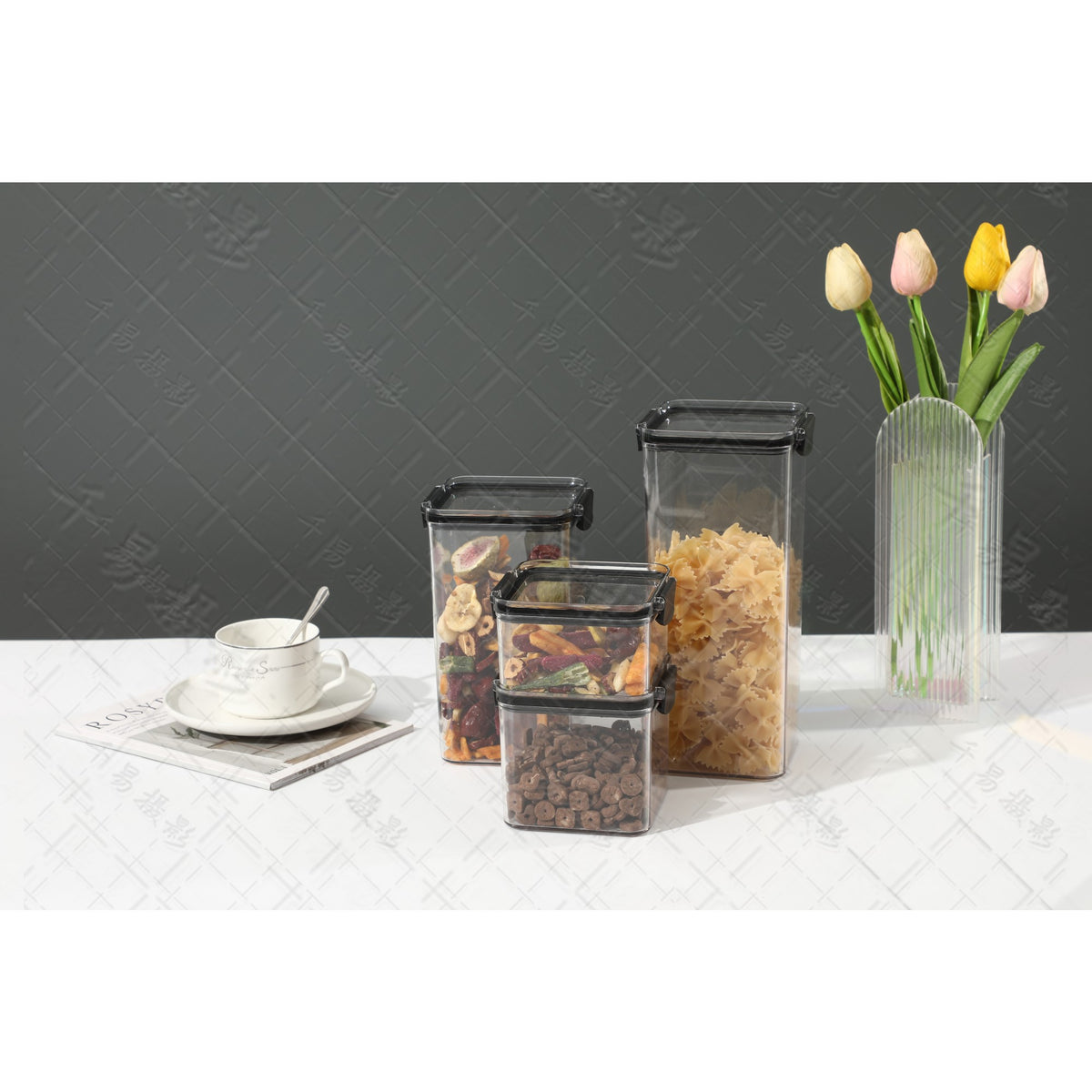 Set 8 Recipiente Depozitare Alimente, Inchidere Ermetica si Design Suprapozabil, Plastic Alimentar, Transparent, 460 ml, 700 ml, 1300 ml, 1800 ml