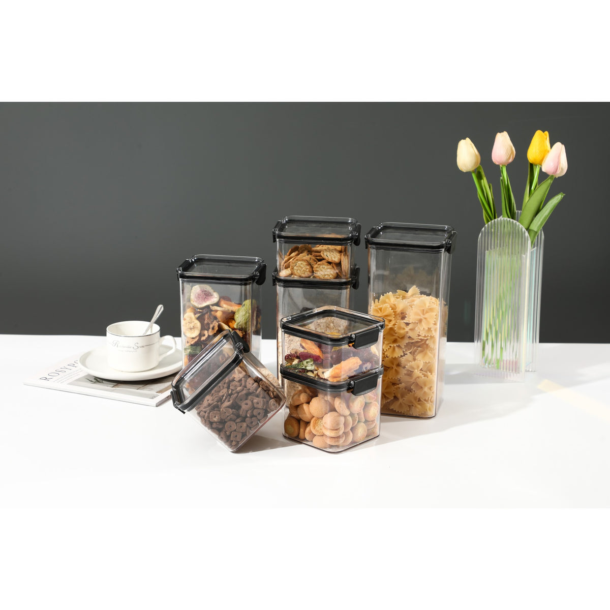 Set 8 Recipiente Depozitare Alimente, Inchidere Ermetica si Design Suprapozabil, Plastic Alimentar, Transparent, 460 ml, 700 ml, 1300 ml, 1800 ml