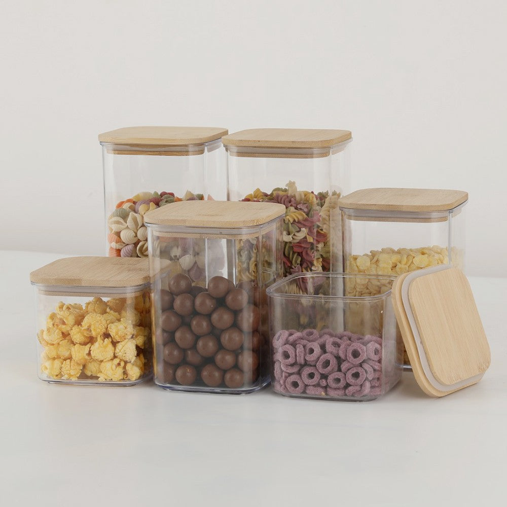 Set 6 Cutii Depozitare Alimente si Cereale, Recipiente Transparente Etanse, Plastic cu Capac din Bambus, 2x0.5L, 2x0.8L, 2x1.2L
