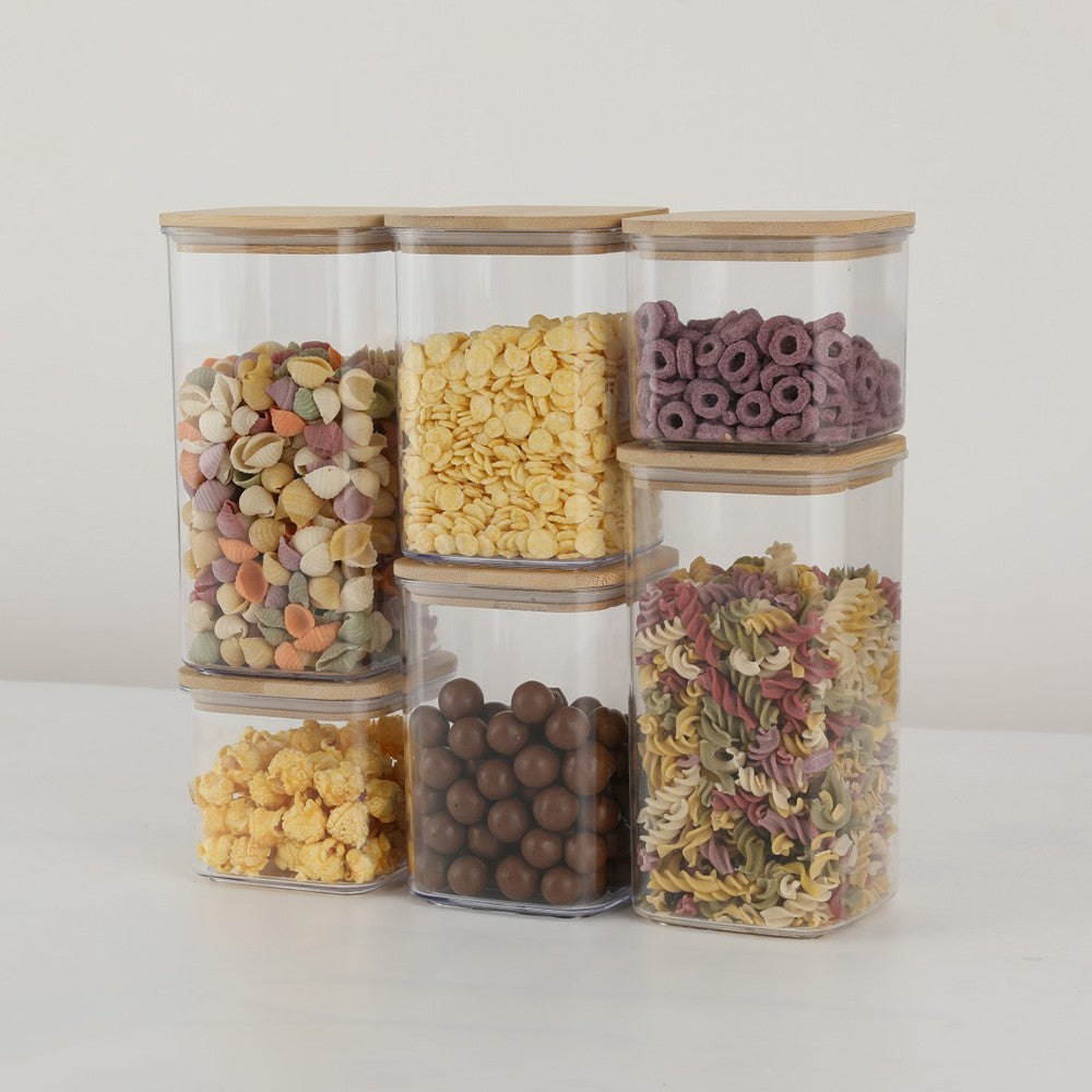 Set 6 Cutii Depozitare Alimente si Cereale, Recipiente Transparente Etanse, Plastic cu Capac din Bambus, 2x0.5L, 2x0.8L, 2x1.2L