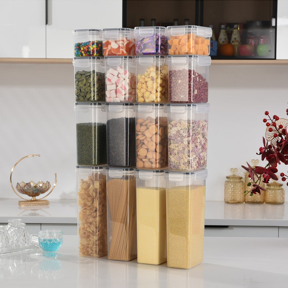 Set 16 Cutii Depozitare Alimente si Condimente, Recipiente Organizare Bucatarie pentru Cereale, Plastic PP Fara BPA, Inchidere Ermetica, Mix de Dimensiuni, Transparent