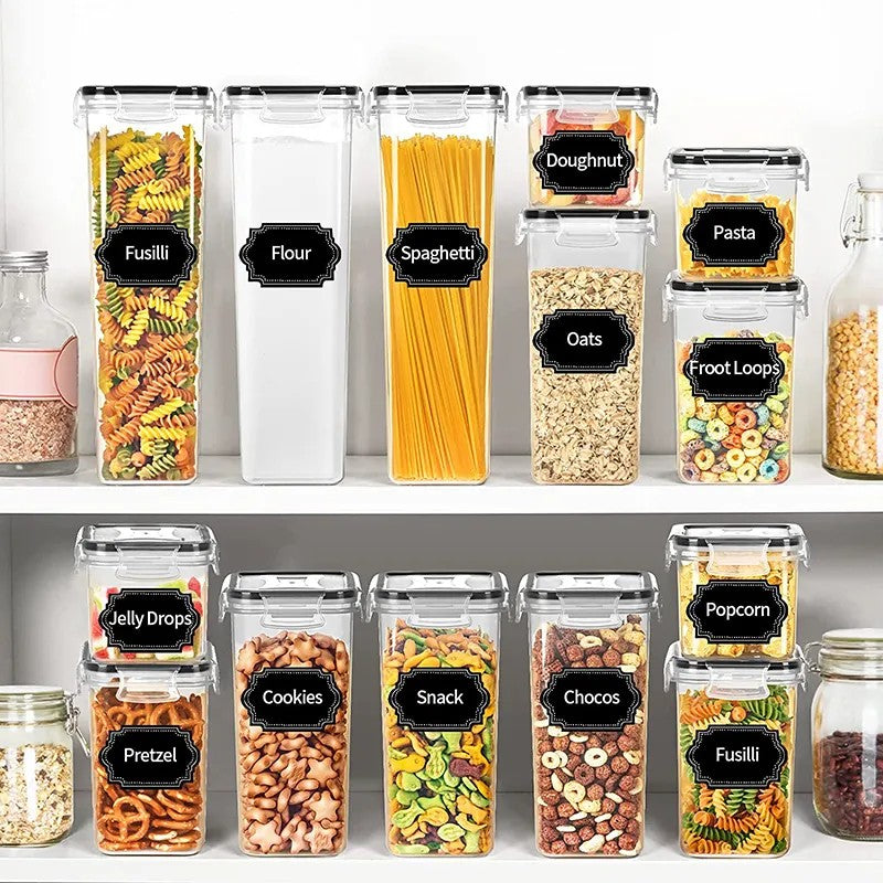 Set 16 Cutii Depozitare Alimente si Condimente, Recipiente Organizare Bucatarie pentru Cereale, Plastic PP Fara BPA, Inchidere Ermetica, Mix de Dimensiuni, Transparent