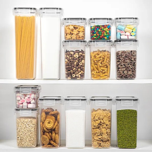 Set 14 Cutii Depozitare Alimente, Recipiente Organizare Bucatarie pentru Condimente si Cereale, Plastic PP fara BPA, Etanșe, Transparente, 4 Dimensiuni Mixte
