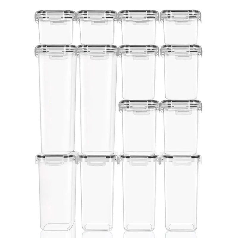 Set 14 Cutii Depozitare Alimente, Recipiente Organizare Bucatarie pentru Condimente si Cereale, Plastic PP fara BPA, Etanșe, Transparente, 4 Dimensiuni Mixte