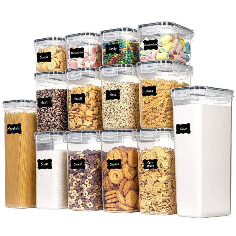 Set 14 Cutii Depozitare Alimente, Recipiente Organizare Bucatarie pentru Condimente si Cereale, Plastic PP fara BPA, Etanșe, Transparente, 4 Dimensiuni Mixte