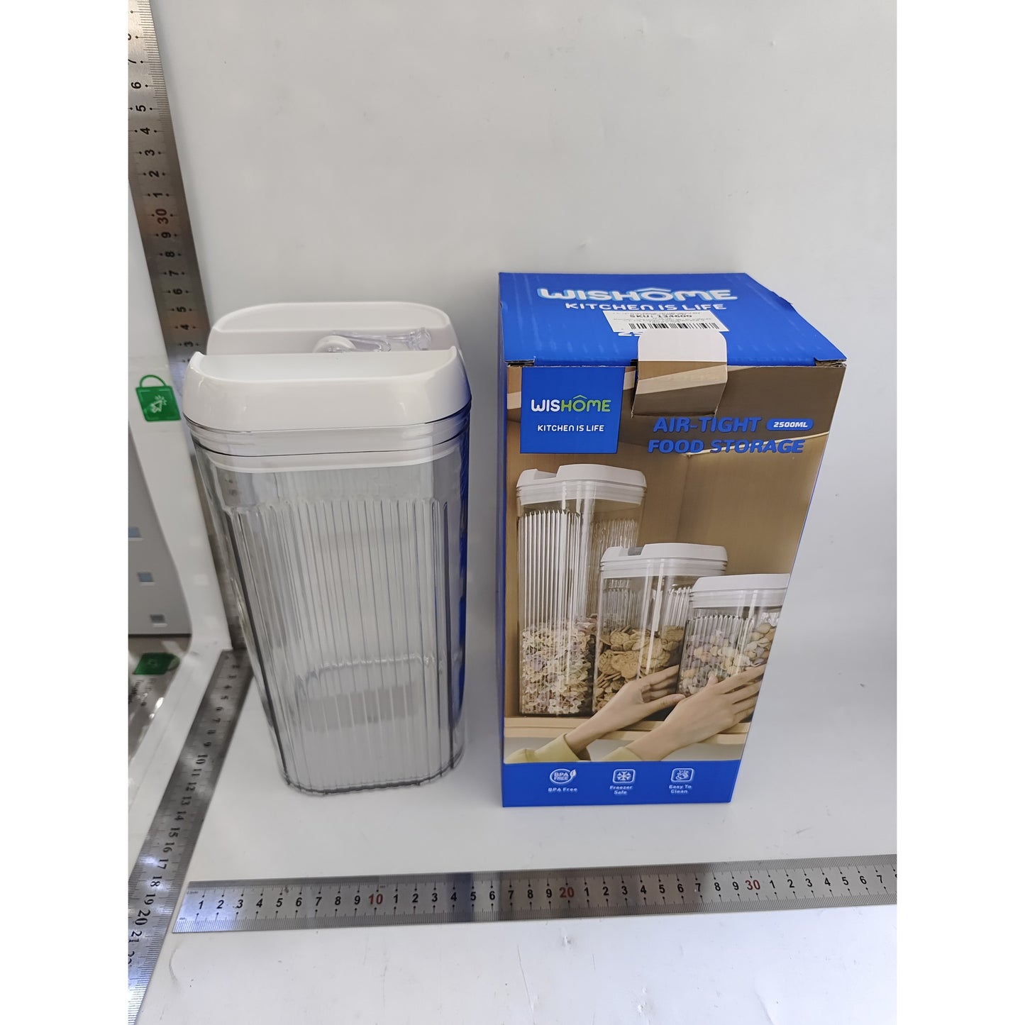 Recipient Depozitare Alimente si Cereale, Container Bucatarie Hermetic, Plastic Transparent cu Capac Alb, 2.5 L, 12.5x12.5x26 cm