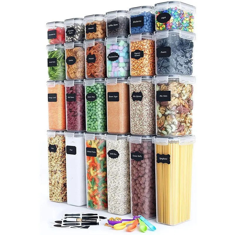 Set 24 Cutii Depozitare Alimente si Condimente, Organizatoare Bucatarie Hermetice, Plastic PP fara BPA, Transparente, Diverse Dimensiuni
